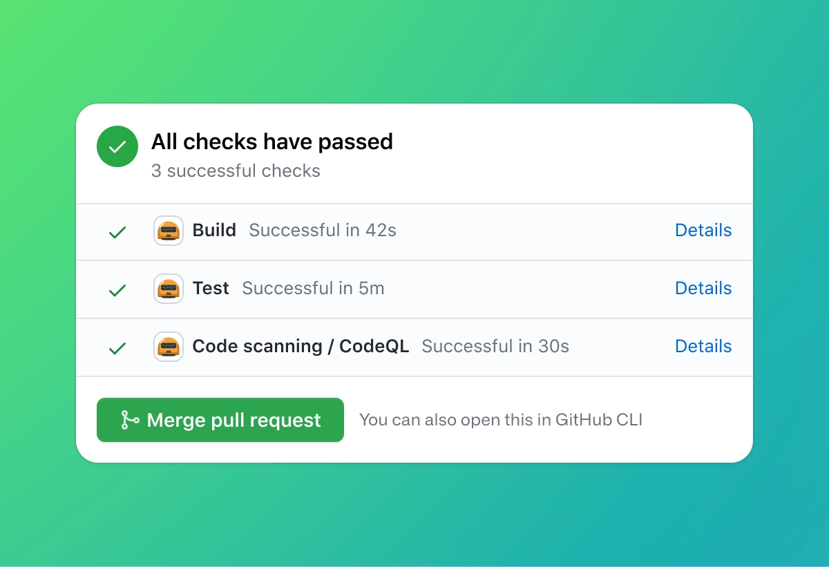 Screenshot showing the results of a successful GitHub Actions workflow. The header indicates that 'All checks have passed,' with three successful checks listed below. The checks include 'Build,' which completed successfully in 42 seconds, 'Test,' which completed in 5 minutes, and 'Code scanning / CodeQL,' which completed in 30 seconds. Each check has a corresponding 'Details' link. At the bottom, there is a green 'Merge pull request' button, indicating that the pull request is ready to be merged. The background features a gradient from green to teal.